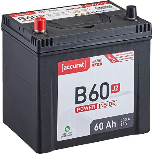 Accurat Basic Asia B60 Autobatterie - 12V, 60Ah, 500A, zyklenfest, wartungsfrei, 30% mehr Startleistung, Ca-Technologie, Pluspol links - Starterbatterie, Nassbatterie, Blei-Säure Batterie