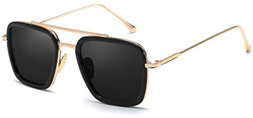 SHEEN KELLY （Box Gift） Retro Pilot Sunglasses Square Metal Frame for Men Women Sunglasses Classic Downey Tony Stark Gradient Lens