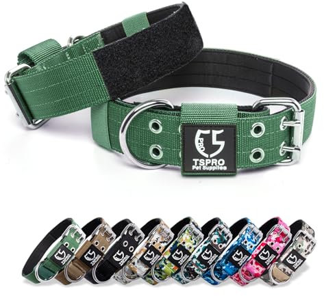 TSPRO Taktisches Hundehalsband, Verstellbares Halsband Hund mit Metallschnalle und Flicken, Haltbar und Dick, für Große bis Extra Große Hunde (Grün L/XL)