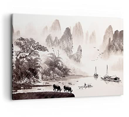 Bilder auf Leinwand 100x70cm Leinwandbild Chinesisch Landschaft Aquarell Groß Wanddeko Bild Schlafzimmer Küche Deko Wandbilder Dekoration Wohnzimmer Wall Decor Canvas Wand Kunstdruck Art AA100x70-4265