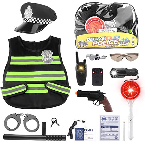 deAO Costume da polizia per bambini, giocattolo con attrezzatura della polizia, berretto della polizia, gilet occhiali da sole, walkie talkie polizia giocattolo gioco di ruolo per Halloween