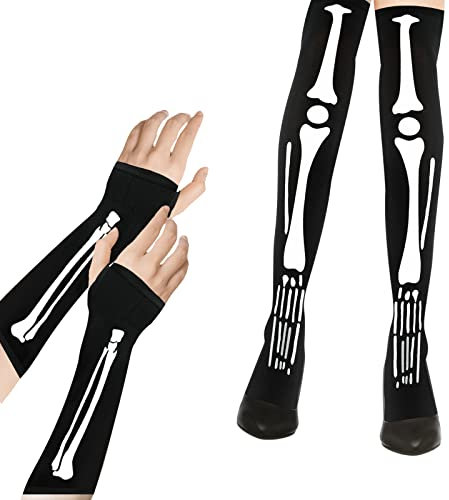 KATELUO Halloween Skelett Kostüm, Skelett Strumpfhose, Skelett Fingerlose Handschuhe, Skelett Strumpfhose Damen, Halloween Skelett Handschuhe, für Halloween, Karnevals, Cosplay