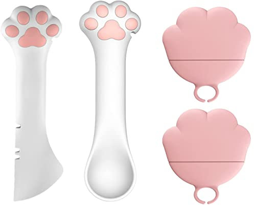 Ygapuzi 4Pcs Pet Food Can Supplies Set Universal Silicone Can Covers Cat Can Lids 2 in 1 Spatula Pet Can Opener Dog Claw Spoons for Pets Dogs Cats Feeding Wash Machine Apply (Pink & White)