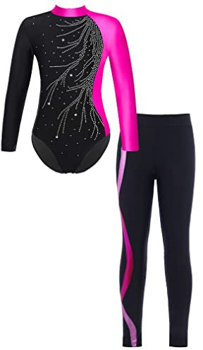 FEESHOW Mädchen Turnanzug Langarm Gymnastikbody Tanz Ballett Leotard Strumpfhose Sportanzug Leggings Bodysuit Set Wettkampf Tanzkleidung D_Rose 146-152/11-12 Jahre