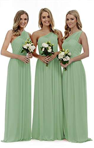 Lecureler Long One Shoulder Prom Bridesmaid Dress sage Size 10