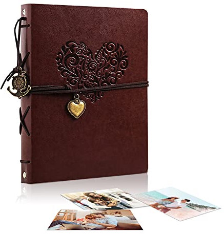 Fotoalbum Lederalbum Selbstgestalten 21,5x17cm, EUBSWA Vintage Fotobuch mit 60 Seiten Scrapbook für 240 Bilder, Hochzeit Gästebuch, Geschenk für Freund (Herz-Klein)