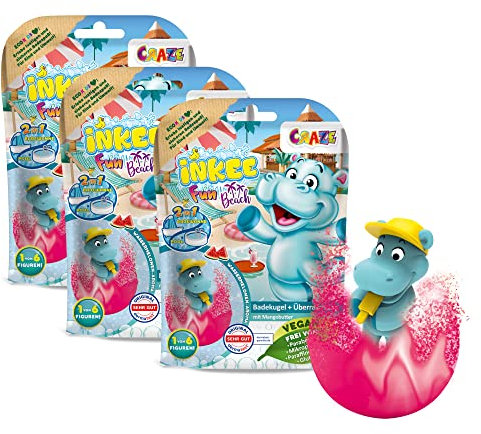 INKEE Fun Beach | 3er Multipack Badebomben Kinder mit Hippo Figuren , 3X Badekugeln Kinder mit Überraschung , Wassermelone Duft , mit Mango Butter