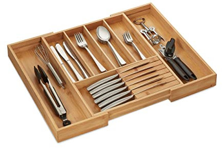 Relaxdays Besteckkasten, ausziehbar, 5-7 Fächer, HxBxT 5x55x43 cm, Küche, Schubladeneinsatz, Messerblock, Bambus, Natur
