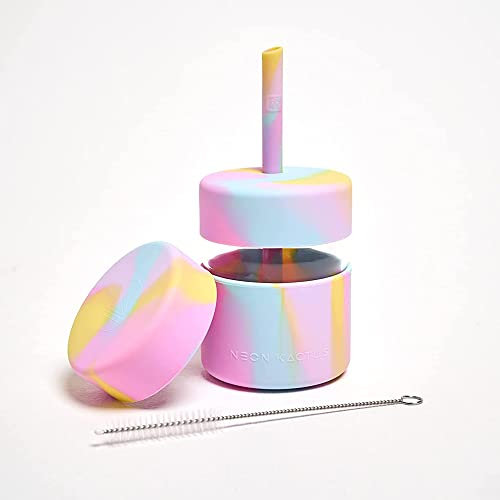 Neon Kactus Kids | 8oz Glasbecher mit Strohhalm und Essensbehälter | Kinderbecher und -behälter-Kollektion | Kleinkindbecher mit Strohhalm 236ml | Komplettes Set | Mikrowellengeeignet | Thai Dye