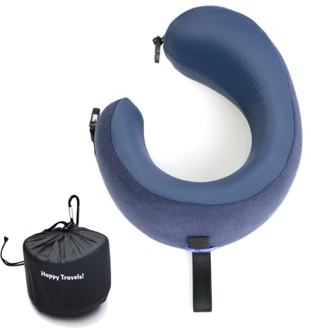 C CUSHION LAB Reisekissen, preisgekröntes, patentiertes ergonomisches Design für Kinn- und Nackenstütze, Memoryschaum-Nackenkissen, kompaktes Flugzeugkissen für Reisen, Flug, Auto, Marineblau, M