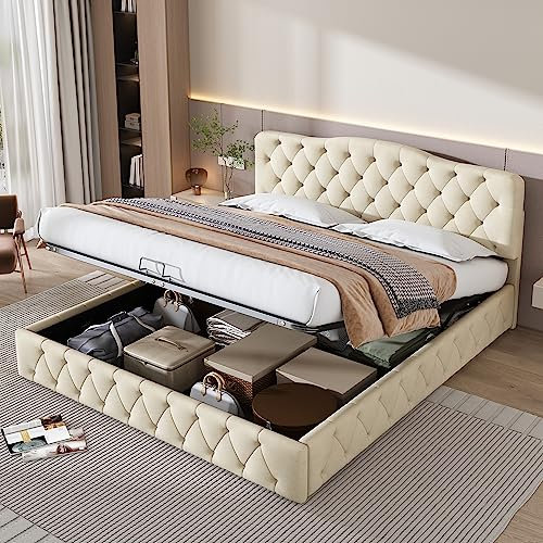 Polsterbett, 180 x 200cm Doppelbett aus Samt, hydraulisches Funktionsbett, Beige Continentalbett, höhenverstellbares Kopfteil, Holzlattenunterstützung