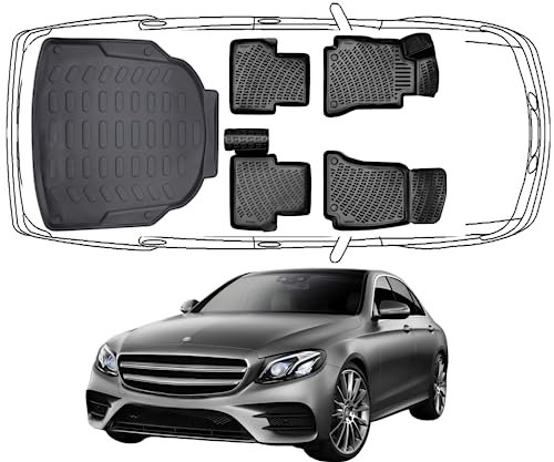 Rizline Passgenau 3D Fussmatten & Kofferraumwanne Auto Set Kompatibel mit Mercedes Mercedes E Klasse W213 Limousine Nicht umklappbare Rücksitze TPE Allwetter Geruchlos Schwarz