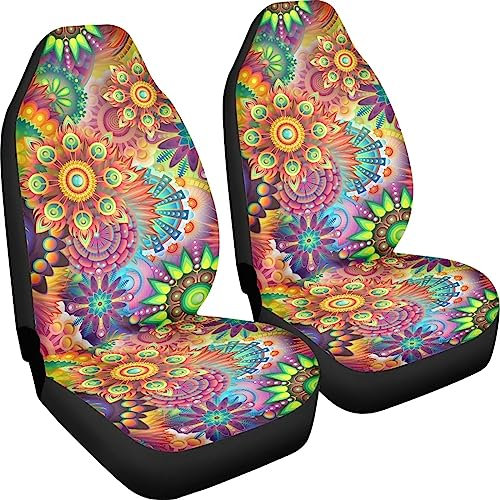 Poceacles Bunte Mandala Blumen Muster Auto Sitzbezüge Vordersitze Nur Hohe Rückenlehne Stretch Fahrzeug Eimer Sitzbezug Auto Protector Fahrer Sitzbezüge