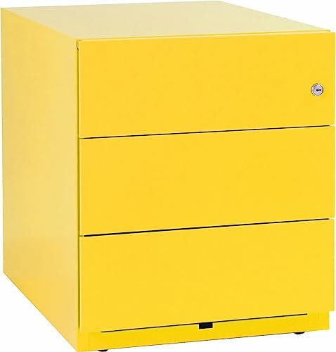 BISLEY Note Rollcontainer mit 3 Schüben aus Metall abschließbar in gelb - Bürocontainer mit Schloss für DIN A4 Dokumente, Kleinteile & Büromaterial, Container für Büro & Homeoffice auf Rollen