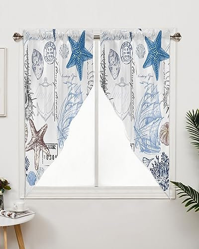 Ocean Swag Curtains,Starfish Shell Coral Kitchen Valances Rod Pocket Retro Boat Anchor Curtains Tier Pair Swag Topper,Marine Theme Sealife 2 Panels Window Treatment for Bathroom Living Room