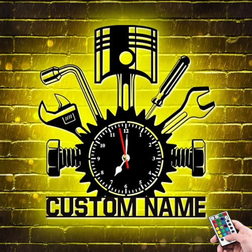 Personalisierte Reparaturwerkstatt-Wanduhr, Neonschild, Kunst, benutzerdefinierter Metallname, beleuchtet, LED-Reparaturwerkstatt, Wanduhr, leiser Quarz, kein Ticken, Garagenreparator, Geschenk für