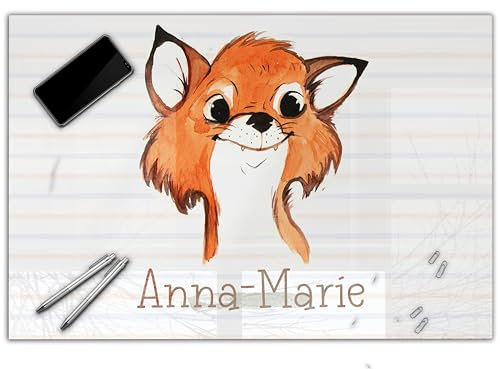 Schreibtischunterlage personalisiert mit Namen | wasserfeste Schreibunterlage, abwischbar, glatt | stabiles, hochwertiges Acrylglas, Kinder Kunststoff Tiere | 100x50cm 13- Fuchs