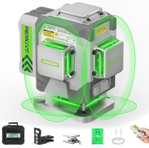 Huepar Pro Laser Level, 3 x 360 Self Leveling Green Tiling Laser Tool, 3D Cross Line Laser Level Tool, High Accuracy Floor Laser with 8000mAh Li-ion Battery, Remote Control & Hard Carry Case ZK03DG-S