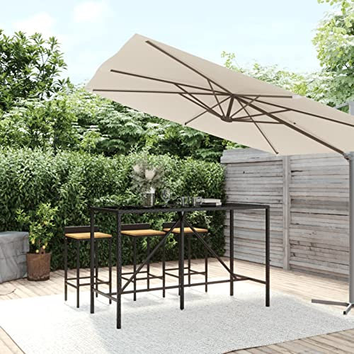 Bulliing Bartisch mit Glasplatte Schwarz 180x70x110 cm Poly Rattan BalkonhäNgetisch Outdoor Balkon Stehtisch FüR GeläNder