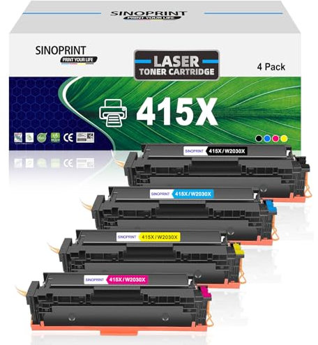 SINOPRINT 415X Toner Kein Chip Kompatibel für HP 415X 415A für Color Laserjet Pro MFP M479fdw M479dw M479fnw M479fdn M454dw W2030A W2031A W2032A W2033A (Schwarz Cyan Gelb Magenta, 4er-Pack)