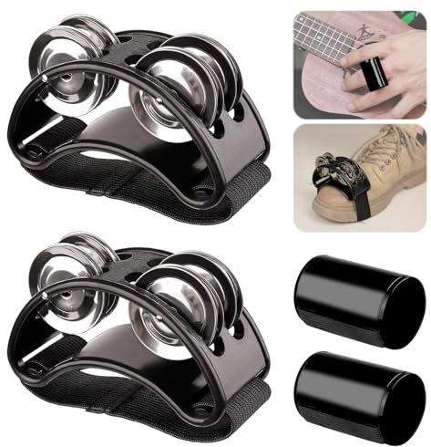 Rigych 2 Set Foot Tambourine Shaker & Black Rhythm Finger Shaker with Elastic Strap, Percussion Musical Instrument Set for Ukulele Guitar Drum Mandolin Banjo Playing