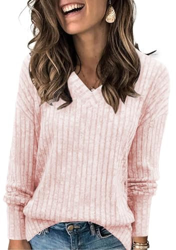 Famulily Casual Pullover Damen V Ausschnitt Langarmshirt, Oversize Leichte Strickpullover Elegant Oberteile Herbst (M,Rosa)