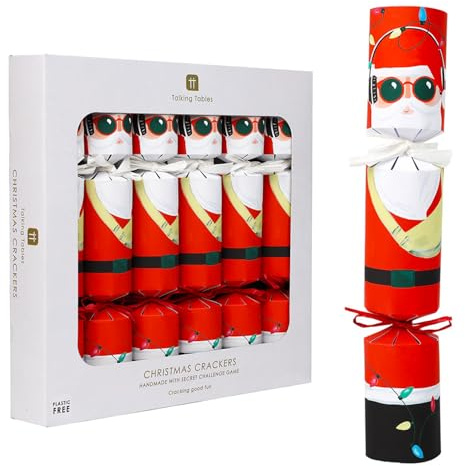 Talking Tables 6 x Christmas Crackers with Mystery Challenge Game, Party Hat, Fun Guy Santa Red Christmas Design Eco-Friendly Xmas Tableware, Recyclable