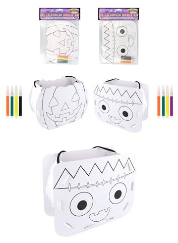 HENBRANDT Single Halloween DIY Trick or Treat Bucket Colour-Your-Own Cardboard Candy Holder 2 Designs Halloween Papercraft Kit Goodies Sweets and Treats Spooky Party Favours for Boys and Girls