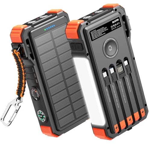 BLAVOR Solar Power Bank with Built in Cable 20000mAh Fast Charging Portable Charger, 20W USB C Battery Pack for Mobile Phones with Camping Light, Flashlight, Wireless Charging for Apple Watch