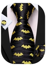 Barry.Wang Mens Bat Ties Black Yellow Silk Necktie Pocket Square Cufflinks Set Fun Animals Party
