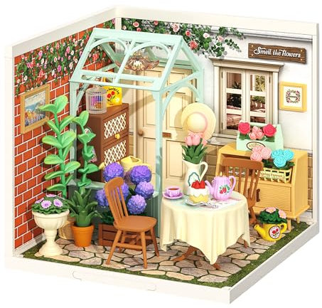 ROBOTIME DIY Miniature House Kit for Adults and Kids, Dollhouse Model Building Craft Kit Birthday Creative Gifts for Adults, Kids, Girls and Boys (Blooming Tea Garden)