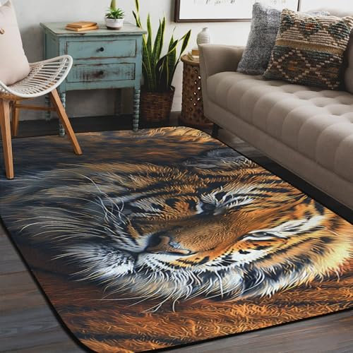 WowPrint Teppich mit Tiger-Motiv, für Wohnzimmer, Schlafzimmer, Kinderzimmer, waschbar, rutschfeste Bodenmatte, großer Teppich, 122 x 183 cm