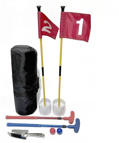 HH-GOLF Mini terrain de golf pour jeu de putter de plage, 2 putters de golf réglables, 2 drapeaux de golf et des gobelets de putting, 2 balles de golf, 1 pelleteuse et un sac de voyage