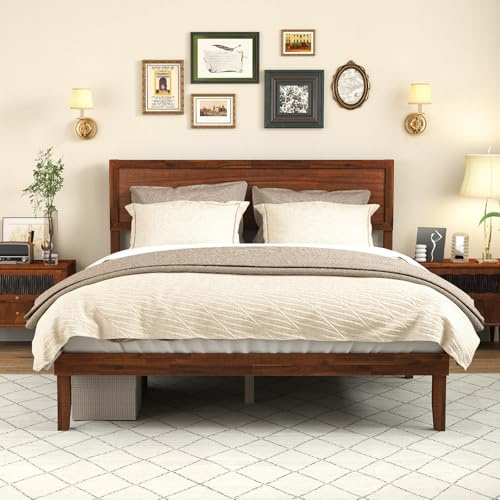 Multigot King Size Bed Frame, 5FT Mid-Century Slat Support Bedstead with Retro Headboard and 22cm Underbed Storage, Solid Acacia Wood Platform Bed Mattress Foundation, No Box Spring Needed