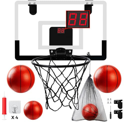 wulwun Basketball Hoop for Kids Adults, Mini Indoor Basket ball Hoop Over Door for Bedroom with 4 Balls, Automatic Score, Sound Effect, Sports Toy Gift for Boys, Girl Age 3-12, Office, Home, School