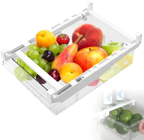 Kühlschrank Organizer, Kühlschrank Schubladen Organizer, Schubladenorganizer, Kühlschrankbox mit Versenkbarer Stange, Küche Aufbewahrung, Durchsichtig Drawer Organizer, für Lebensmittel Getränke