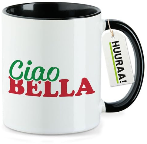 Huuraa Kaffeetasse Ciao Bella Italien Geschenk | Motivtasse 330ml Schwarz Keramik Tasse mit Spruch Kaffeebecher Geschenkidee Becher mit Motiv