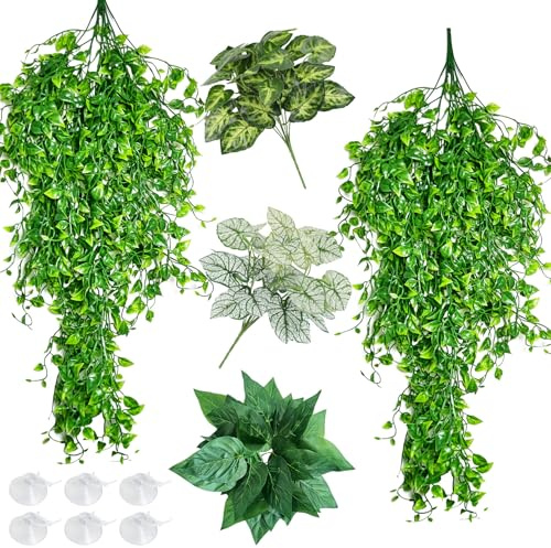 Hamiledyi Reptile Plants Tank Habitat Decorations Fake Hanging Vines 5 Pcs Artificial Leaves Habitat Decorations with Suction Cup for Bearded Dragon, Leopard Gecko, Lizard, Chameleon, Snake (Green)