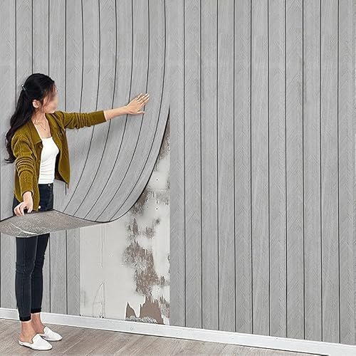 Snewvie Acoustic Wood Wall Panels,40cm*3m (13sq.ft) Peel and Stick 3D Wall Panels for Wall and Ceiling Decoration,3mm Thick Wall Covering Panels,Waterproof Wallpaper Self Adhesive Wall Tile(Grey)