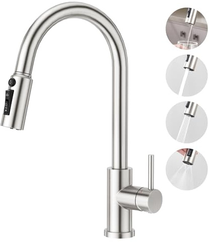 CREA Rubinetto da cucina a 3 vie con doccia, estraibile, girevole a 360°, miscelatore a 3 vie, in acciaio inox spazzolato, Argento