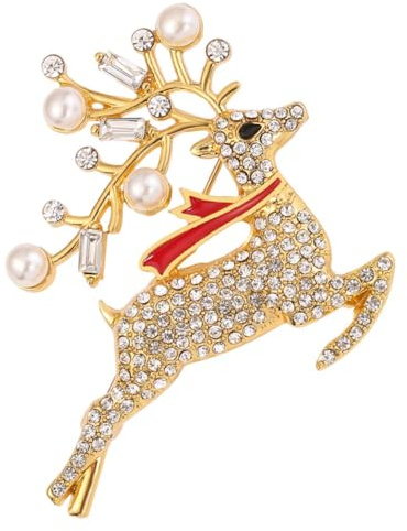 LRXIYODE Weihnachtliche Brosche mit Funkelndem Strass Elch Goldfarbene Legierung Modisches Ansteckaccessoire für Kleidung Festliche Dekoration zu Weihnachten und Partys