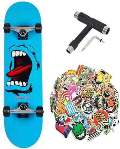 Santa Cruz Professionelles Skateboard Full Dot & Screaming Hand Advanced Unisex Erwachsene + Einstellwerkzeug und 50 Sticker (Blau Handstick und Tool, 8.0)
