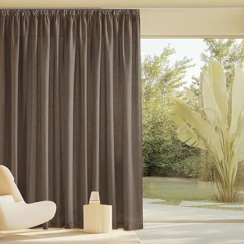 PONY DANCE Raumteiler Vorhang Halbtransparent Leinen Gardinen Kräuselband | Braun,1er Set,H220 x B300 cm,Extra breite Gardinen Leinenoptik für Schienensystem,Wohnzimmer Leinenvorhang Boho,Linen Curtain