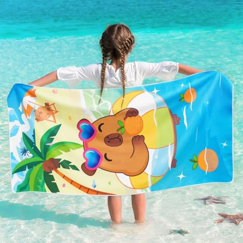 WERNNSAI Capybara Strandtuch für Kinder, 76 X 150 cm Mikrofaser Sandfrei Handtücher Für Mädchen, Schnell Trocknend Badetuch, Ultra Saugfähig Superweich Stranddecke Pool Reisen Schwimmen Badetuch