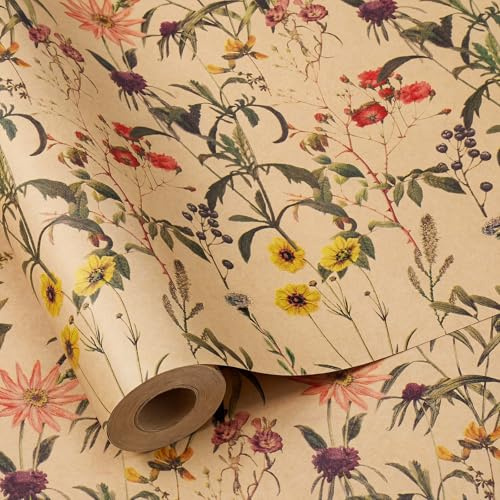 woric 43cmx15m Geschenkpapierrolle Wildblumen, Kraftpapier Geschenkpapier | Geschenkpapier Blumen Geschenkpapier Rolle für Geburtstag Herbstdeko Hochzeit Party Babyparty