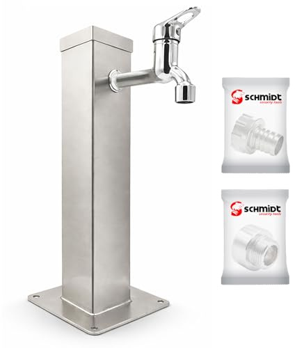 SCHMIDT security tools Wassersäule Edelstahl 50 cm Garten Wasserhahn, Wasserzapfstelle mit 1/2 Zoll Anschluss, 3/4 Zoll Adapter & Schlauchadapter quadratische Wasserzapfsäule Außen