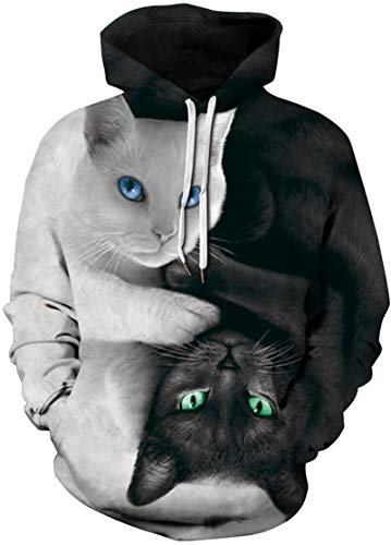 EUDOLAH Damen Pullover 3D Druck Pulli mit Tasche Digitaldruck Pulli mit Aufdruck Galaxy Tier Langarm 0-Schwarz und Weiß Katzen XXL-3XL