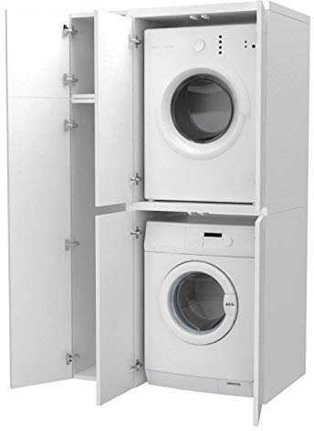 VE.CA. S.r.l. - Mobile Colonna Coprilavatrice con Vano Accessorio - Con Ante Copri lavatrice/Asciugatrice in Legno - Disponibile anche su Misura - Lavanderia bagno - Colore: Bianco Frassinato