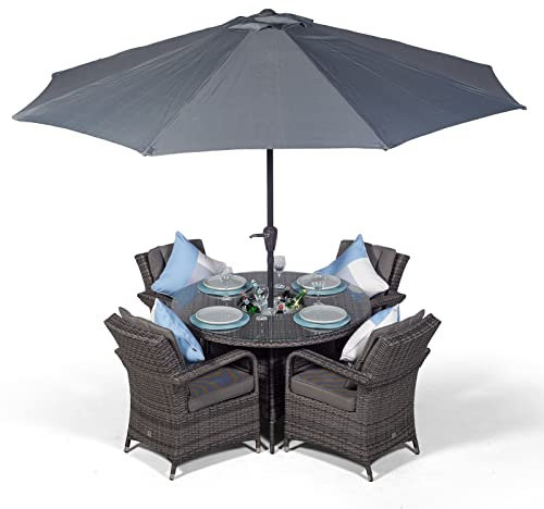 Arizona Luxury 4 Seater Grey Rattan Dining Set with Ice Bucket Drinks Cooler | Outdoor Poly Rattan Garden Table & Chairs Set with Parasol & Cover