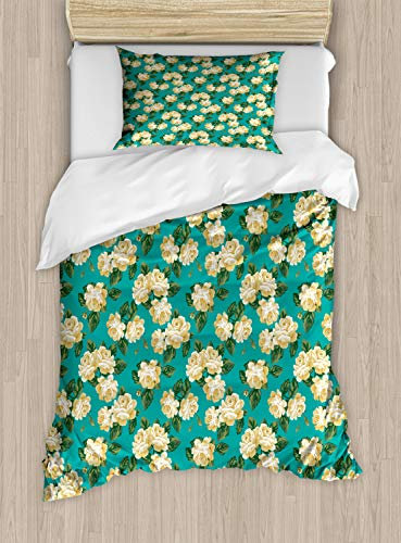 ABAKUHAUS Yellow and Blue Duvet Cover Set, English Roses, Bedding Set 2 Pieces with 1 Pillow Shams, 130 x 200 cm - 70 x 50 cm, Seafoam Yellow